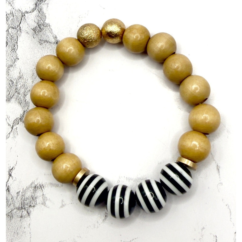 Unique Tan Beaded‎ Stretch Bracelet Black White Stripe Accent Gold Glitter Beads